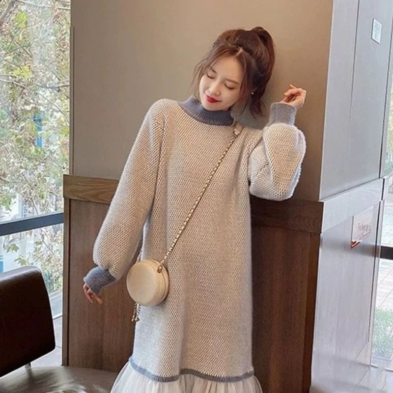 

Autumn and winter sweater dress stitching hem skirt mink velvet over the knee hedging long sleeve half high neck knitted dress