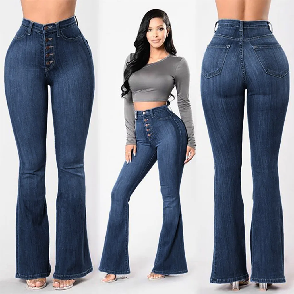 

Women Autumn Elastic Plus Loose Denim Pocket Button Casual Boot Cut Pant Jeans