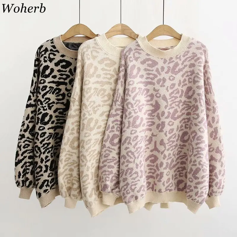 

Woherb Autumn Winter New Leopard Print Sweater Women Lazy Loose Lantern Sleeve Korean Fashion Jumper Sweaters Harajuku Pullover
