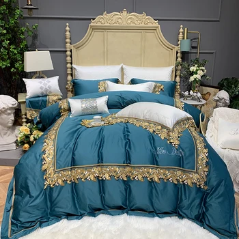 

Luxury Blue White 100S Egyptian Cotton Gold Lace Embroidery Duvet Cover Bed Linen Fitted Sheet Pillowcases Bedding Set 4/7pcs