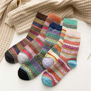 

5Pairs/set Men Women Vintage Striped Totem Winter Socks Teenager Wool Socks Rabbit Wool Thick Thermal Socks Art For Male