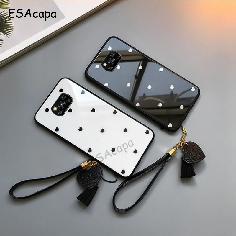 Love Heart Tempered Glass Phone Case For Xiaomi POCO X3 NFC M3 Redmi Note 9T 9S 9 Power 9 Pro Max Mi 10T Lite Lanyard Cover