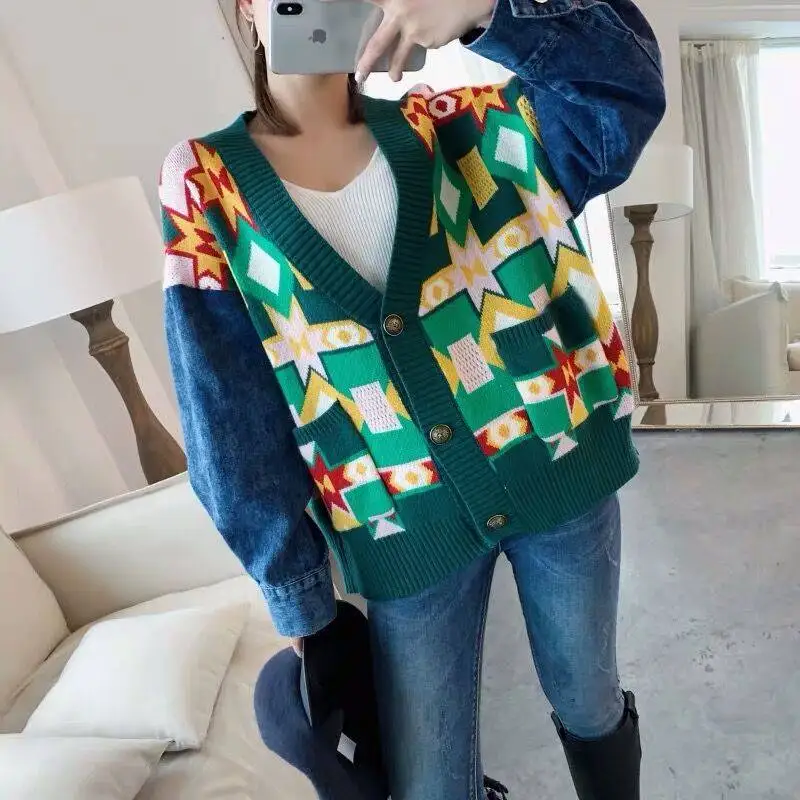 Spring Woman Sweater Knitting 2020 New Girl V-neck Stitching denim Long Sleeve Cardigan Colorful pattern Printed Sweater Winter Spring Woman Sweater Knitting 2020 New Girl V-neck Stitching denim Long Sleeve Cardigan Colorful pattern Printed Sweater Winter