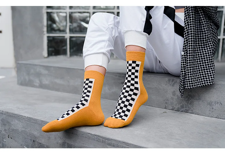 Корея Funky Checkerboard Harajuku тренд весенние носки унисекс геометрические клетчатые носки мужские Хип Хоп Хлопок Уличная новинка носки