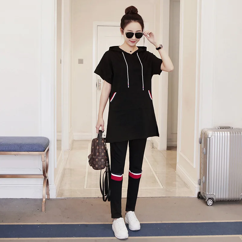 

Maternity Clothes Summer New Style Cotton Blend Short-sleeved Top Maternity Pants Two-Piece Set Capri Pants for Pregnant Women S