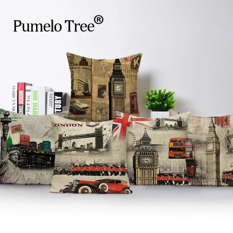 London Vintage Cushion Covers Tower Big Ben Pillow Case Outdoor Linen