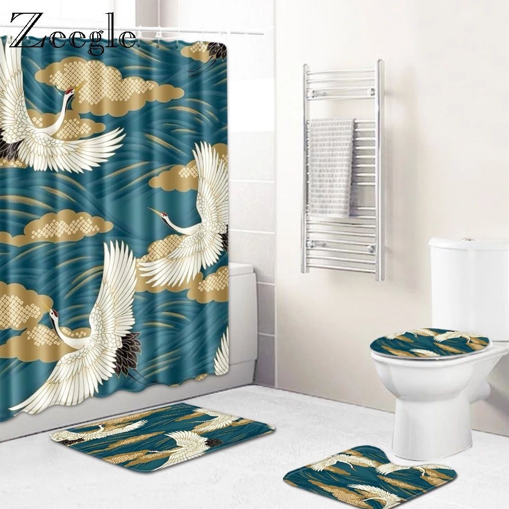 Zeegle 4pcs Bath Mat Set Waterproof Bathroom Curtain Flannel Toilet Pedestal Rug Anti-slip Bathroom Doormat Shower Curtain Set