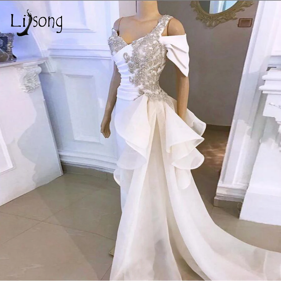 Реальное изображение белые элегантные платья для выпускного вечера русалка блестящие стразы с кристаллами Длинные платья на выпускной из тюлевой ткани с оборками струящаяся лента