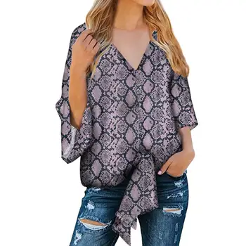 

Wholesale Women Chiffon Blouses Printing Cartoons Snakeskin pattern V-neck Sexy Flared Sleeves fashion Blouse Looses Shirts