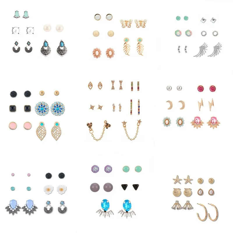

25 Style Heart Flowers Infinite Symbol Stud Earrings Set 2019 New Rhinestone imitation Pearl Earrings for Women Gift