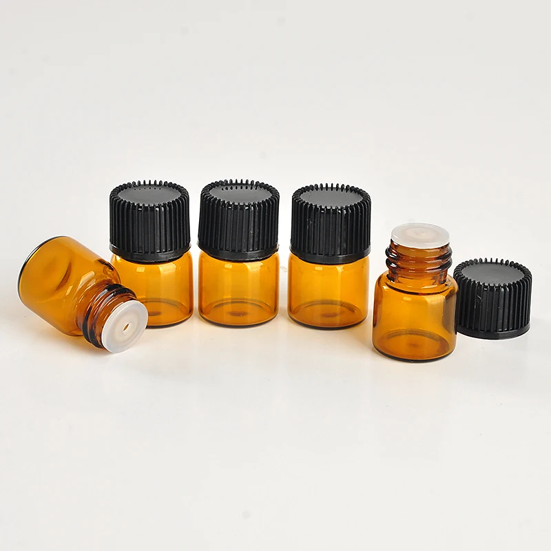 100pcs /lot 1ml Empty Amber Glass Essential Oil Bottle Thin Glass Small Amber Dram Perfume Oil Vials Sample Test Bottle