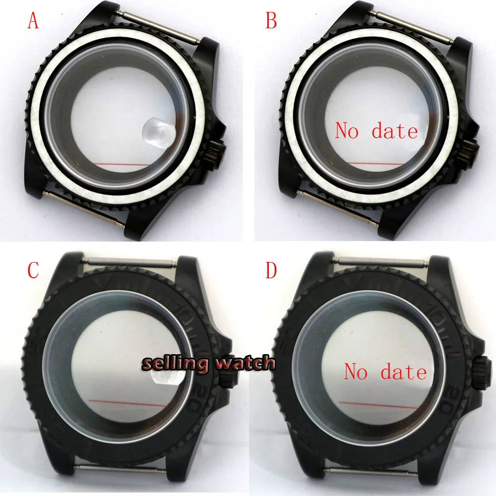 

40mm Black Watch Case Seeing-through Backcover Brushed Bezel Insert fit ETA2836 NH35 NH36 Miyota 8205 8215 821A DG 2813 movement