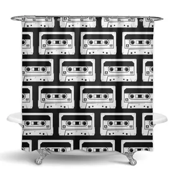 

Bathroom Shower Curtain Waterproof Curtain Cassette Tape Album Audio Recording Media Record Music Vintage Retro Black Shower