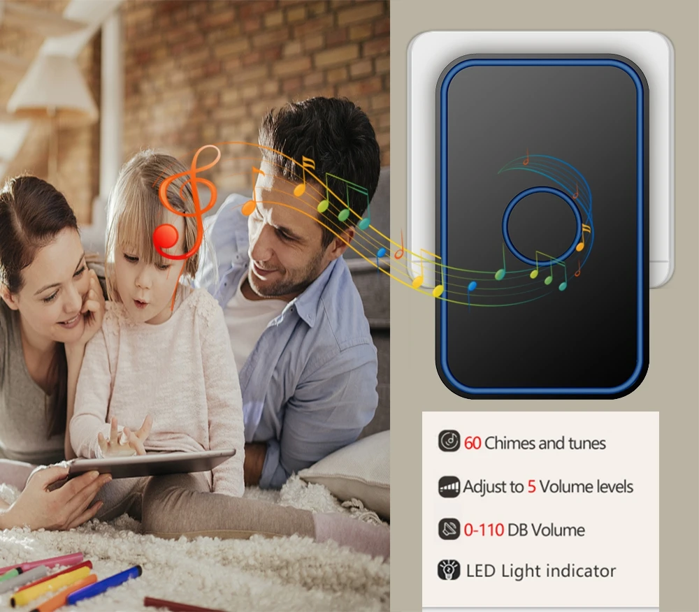 Wireless Doorbell Self powered Waterproof No Battery Required 60 Chimes 0-110dB Smart Home Door Ring Bell US EU UK Plug