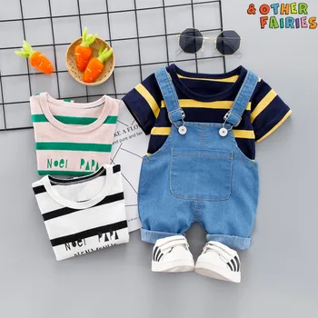 

New summer two-piece baby boy clothes cotton stripe printed short-sleeved shorts jeans suspenders suit casual baby suit