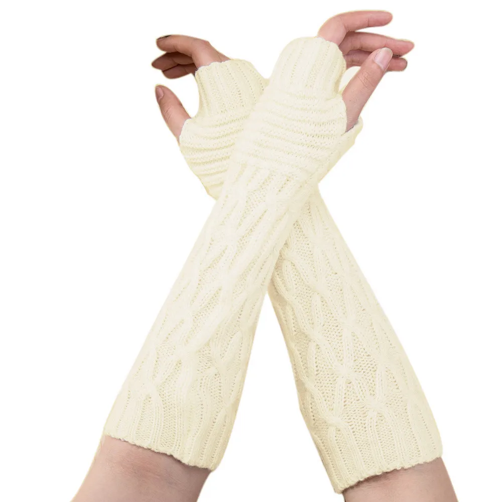 Новая мода осень зима женские вязаные перчатки теплые длинные запястья рукава Девушки ромб длинные половина зимние варежки - Цвет: White