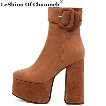 

High Quality Faux Suede Shoes Women Very Chunky Heels Platforms Gothic Boots Ladies Ankle Square Buckled Runway Booties Dress 43