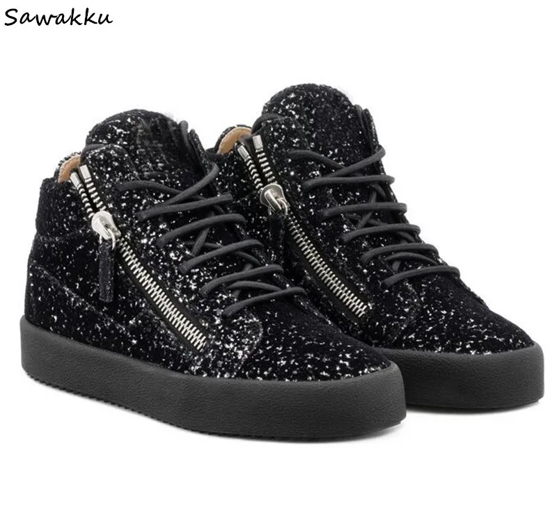 

2019 New Spring/Autumn Lace Up Men Tenis Flats Fashion European Sequined Cloth Men Sneakers Zipper Runway Casual Shoes For Men