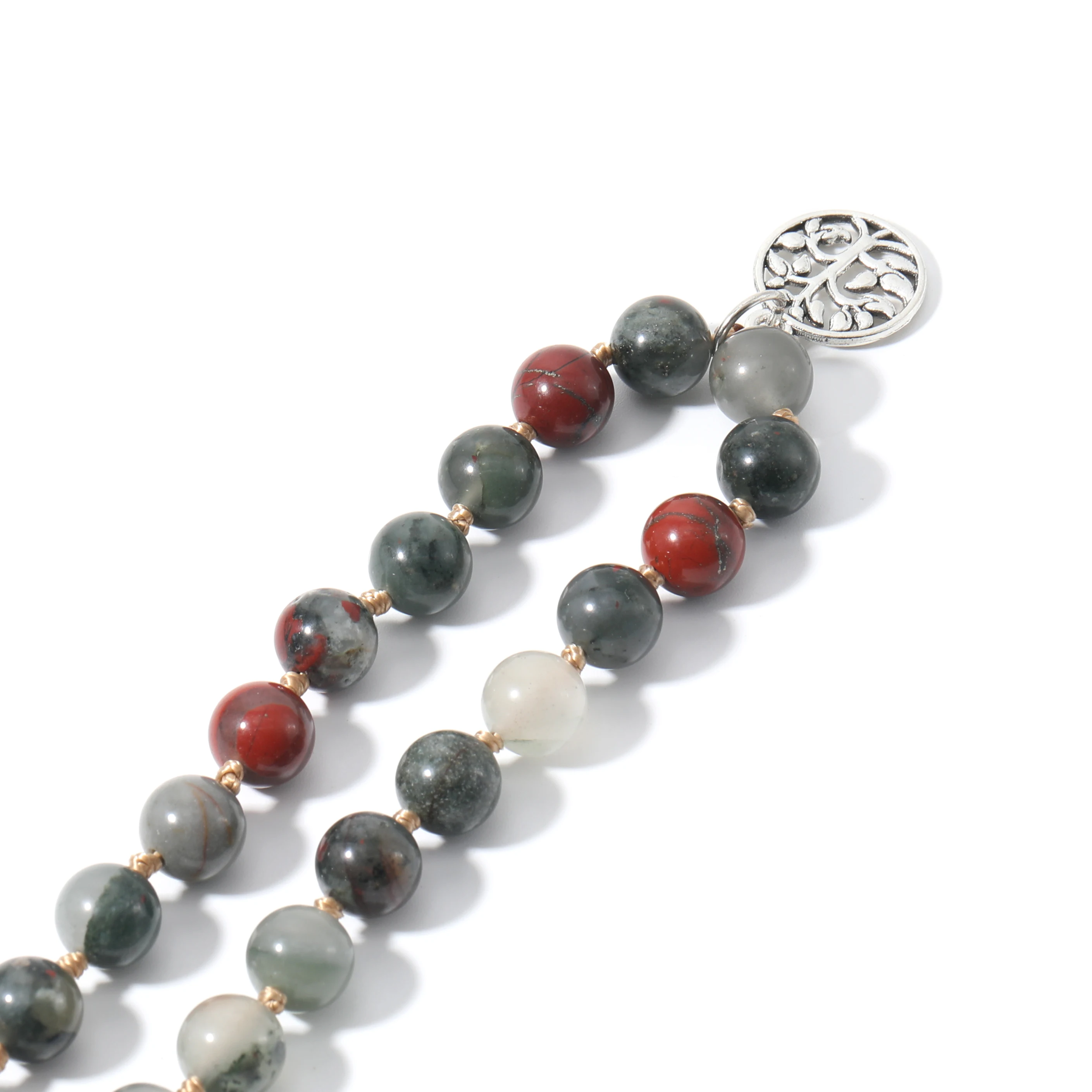 Natural Bloodstone 108 Mala Beaded Knotted Necklace Semi-Precious Meditation Yoga Japamala Jewelry with Tree of Life Pendant