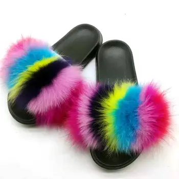 

Fashion Summer Slippers Woman Sexy Fox Fur Slides Leather Fur Slippers Fluffy Shoes Furry Slides Fur Sandals Large Size 11 44 10