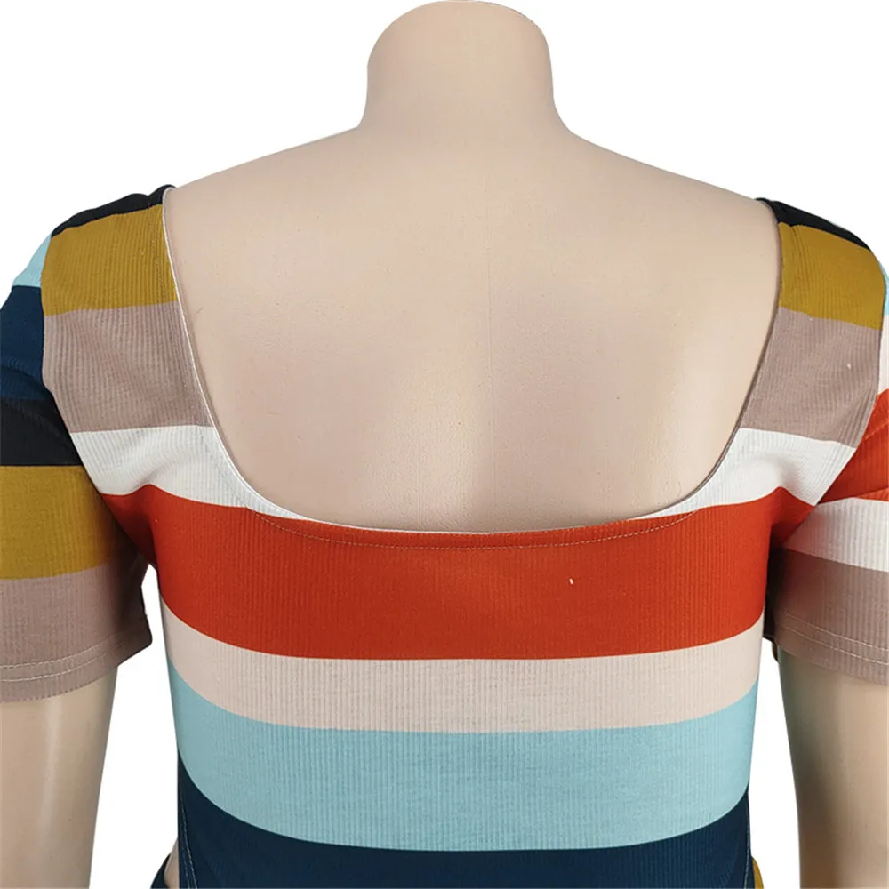 New Plus Size Ribbing Two Piece Set Women Fall Clothes Striped Short Sleeve Crop Top Skirts Sets Stretch Wholesale Dropshipping