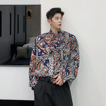 

Men Vintage Print Casual Long Sleeve Shirts Bow Tie Ribbon Japan Korea Style Male Streetwear Fashion Show Dress Shirts