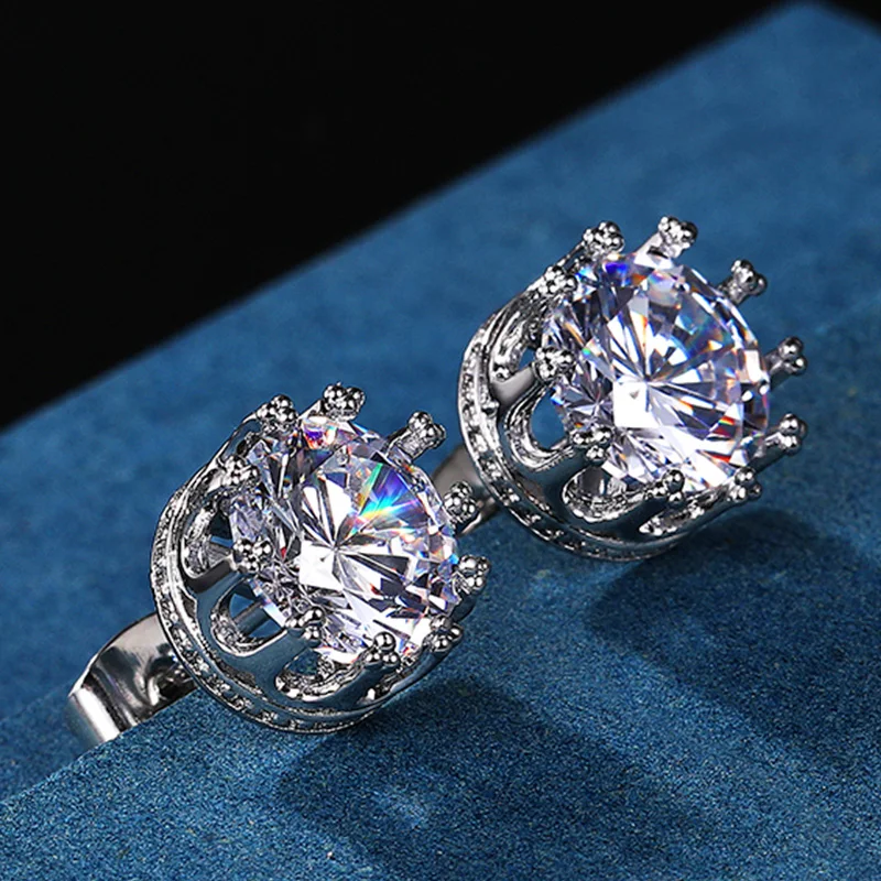 Huitan Luxury Stud Earrings for Women Crown Shaped Setting Round CZ Zirconia Wedding Earrings Party Daily Wear Statement Jewelry