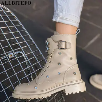 

ALLBITEFO fashion rivets genuine leather brand high heels women boots thick heels winter women ankle boots snow women heels
