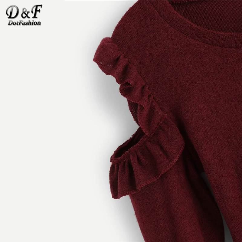 Dotfashion/Повседневный свитер с открытыми плечами для женщин; коллекция года; Весенний свитер с оборками и отделкой; женский бордовый Базовый Топ