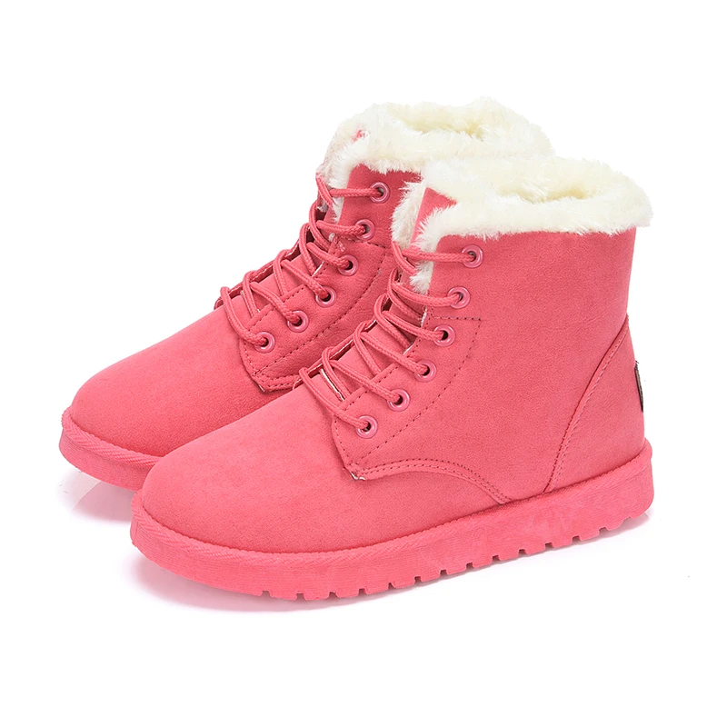 ERNESTNM Snow Boots Casual Ankle Booties Ladies Cotton Winter Female Warm Plush Fur Women Shoes Lace Up Flock Red Botas - Цвет: Rosered