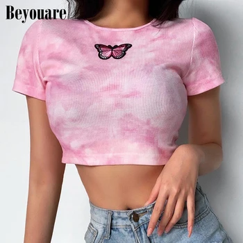 

Beyouare Sexy Tie-Dye Print T-shirt Women Summer Pink O-Neck Butterfly Embroidery Slim Stretchy Casual Streetwear Crop Top 2020
