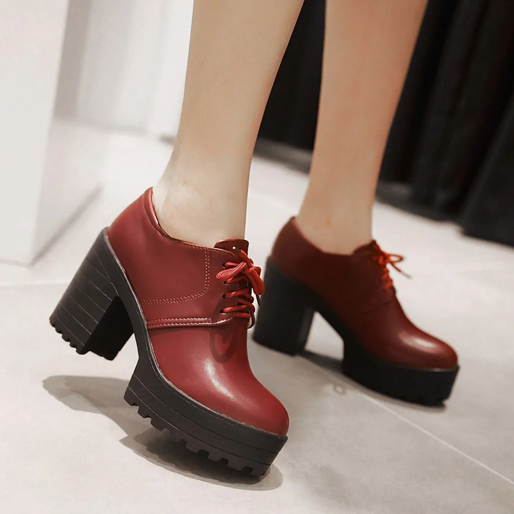 

Round Toe Thick Bottom Spring Winter British Style Leather Shoes Women Square Heel Flat Platform Shoes Lace-Up Oxford Shoes