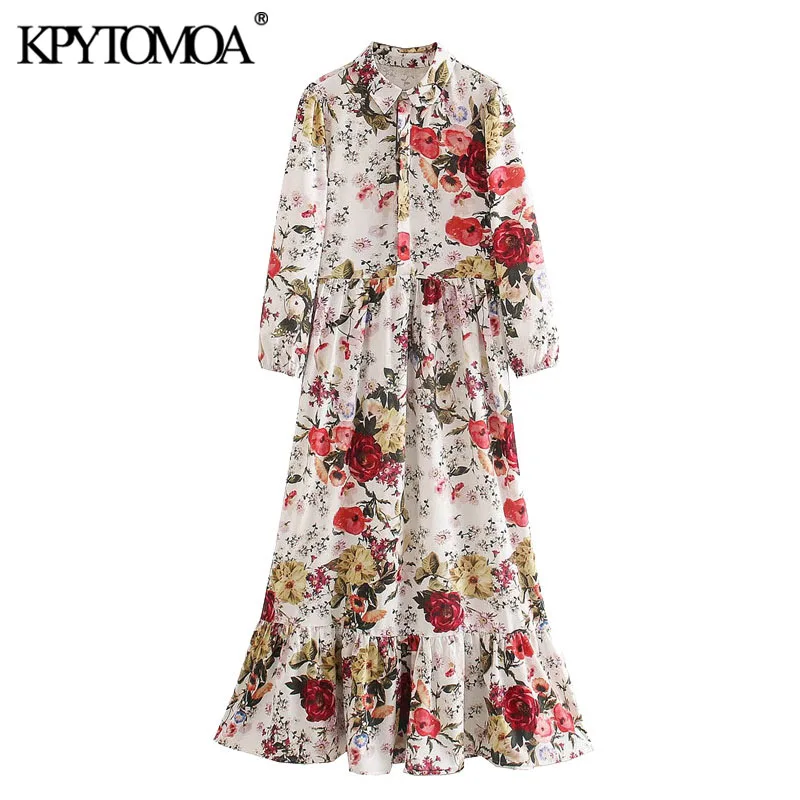 KPYTOMOA Women 2020 Chic Fashion Floral Print Ruffled Midi Dress Vintage Lapel Collar Three Quarter Sleeve Female Dresses Mujer KPYTOMOA Women 2020 Chic Fashion Floral Print Ruffled Midi Dress Vintage Lapel Collar Three Quarter Sleeve Female Dresses Mujer