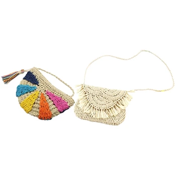 

2 Pcs Tassel Straw Bag Paper Rope Hook Flower Big Flip Hand-Women Bag Casual Handbag Beach Bag, Beige & Colorful