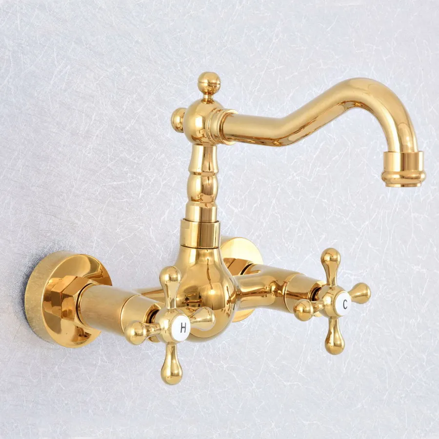 

Luxury Gold Brass Wall Mounted Bathroom Kitchen Sink Faucet Swivel Spout Mixer Tap Dual Cross Handles Basin Water Tap
