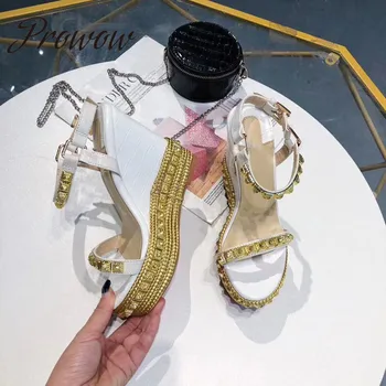 

Prowow New 2020 Fashion Genuine Leather Sexy Platform Wedges Open Toe Buckle Strap Hgh Heel Wedges Shoes Women