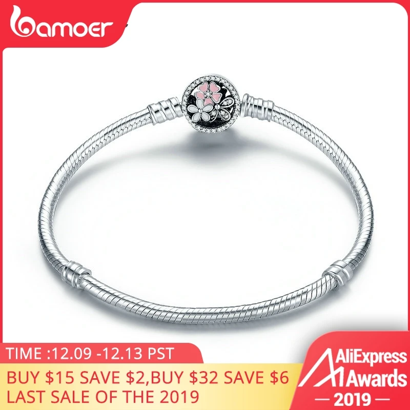 Ceny BAMOER autentyczne 925 Sterling Silver poetyckie Daisy Cherry Blossom mieszane emalie i wyczyść CZ wąż łańcuch bransoletka biżuteria PAS919