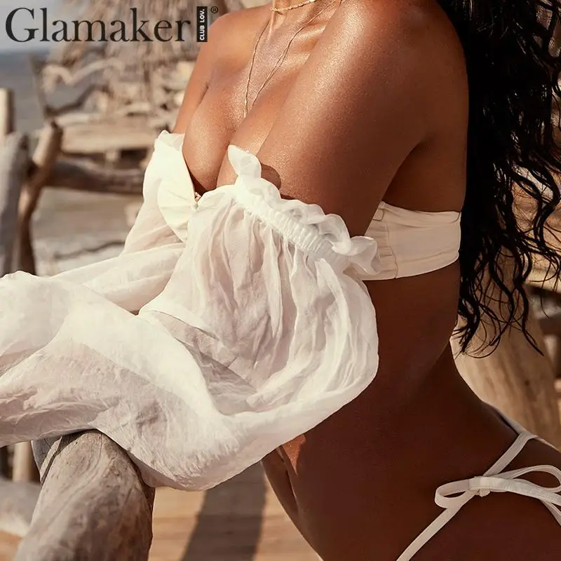 Glamaker, белый, сетчатый, прозрачный, сексуальный женский бикини, купальный костюм, бандо, топ, купальник для женщин, без бретелек, купальник для женщин, 2020new