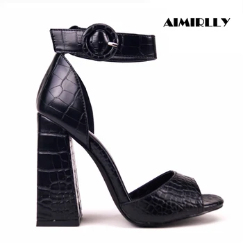 

Shoes Women Peep Toe High Heels Sandals Crocodile PU Sexy Block Heel Cover Heel Ankle Buckle Ladies Party Heels Black Pink
