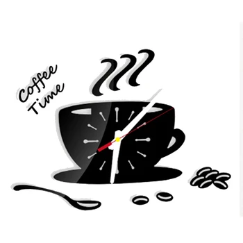 

New 3D Wall Clock Sticker Creative Coffee Cup Wall Clock DIY Acrylic Mirror Clock Modern Design Digital Clocks For Living Room