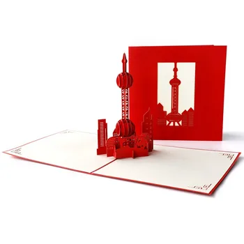 

10pcs pop up the Oriental Pearl TV Tower 3d laser cut invitation card blank cards wedding cards New Year Thanksgiving Day