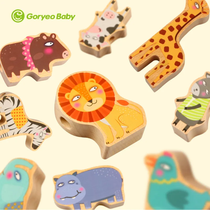 

Korea Item New Style Wooden Forest Animal Beaded Bracelet Large Particles Building Blocks 123-Year-Old Hand-Eye Coordination Jig