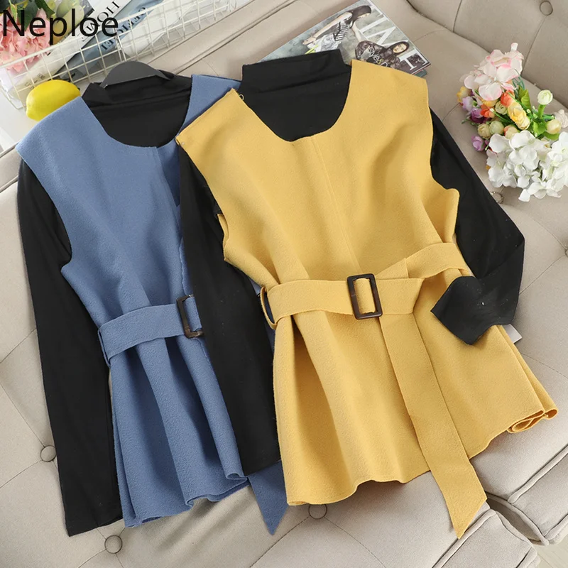 

Neploe Autumn Winter Conjuntos De Mujer Half High Neck Thin Bottom Shirt + Slim Waist Lace Up Vest 2 Pcs Women Set Elegant 46960