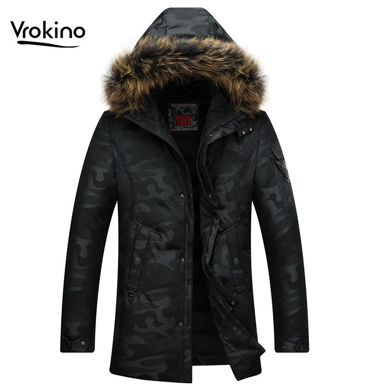 Winter 2019 Men's Long Down Jacket White Duck Down Warm Hooded Camouflage Down Jacket Men's Black Red Brand Clothing M-XXXL