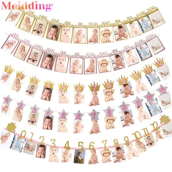 

Happy Birthday 12 Months Photo Frame Banner Bunting First Birthday Party Decoration Kids Baby Boy Girl 1st One Year Party Decor