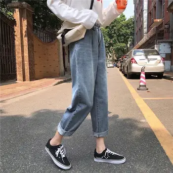 

2019 Women Loose High Waist Plus Size Jeans Vintage Light Blue Harem Pants Solid Denim Trousers