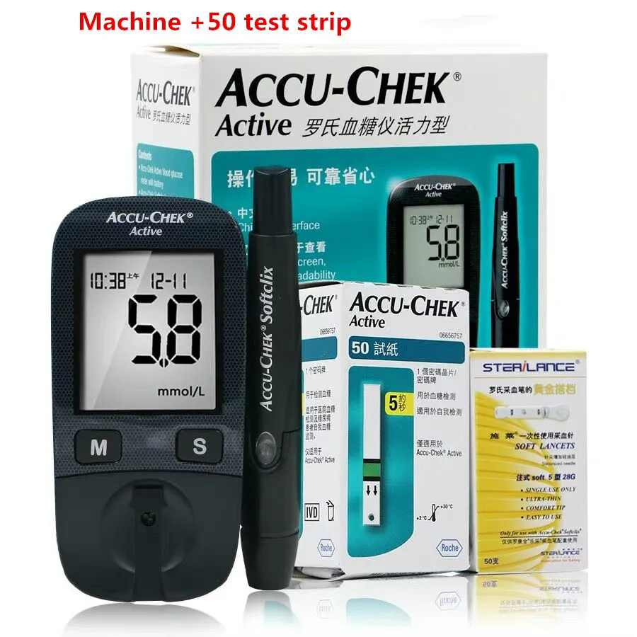 Accu chek активный измеритель уровня глюкозы в крови, глюкозиметр, монитор, тест-полоски - Цвет: Kit and 50pcs strips