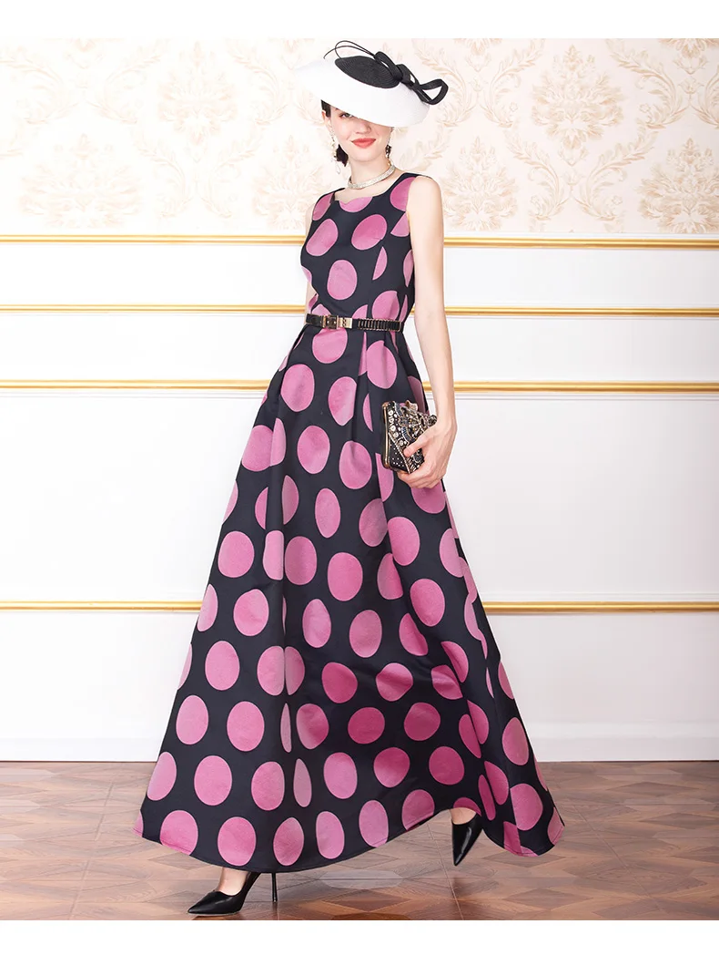 Autumn Maxi Long Dress Women Sleeveless A-line Dot Print Vintage Party Dresses Plus size M- XXXL