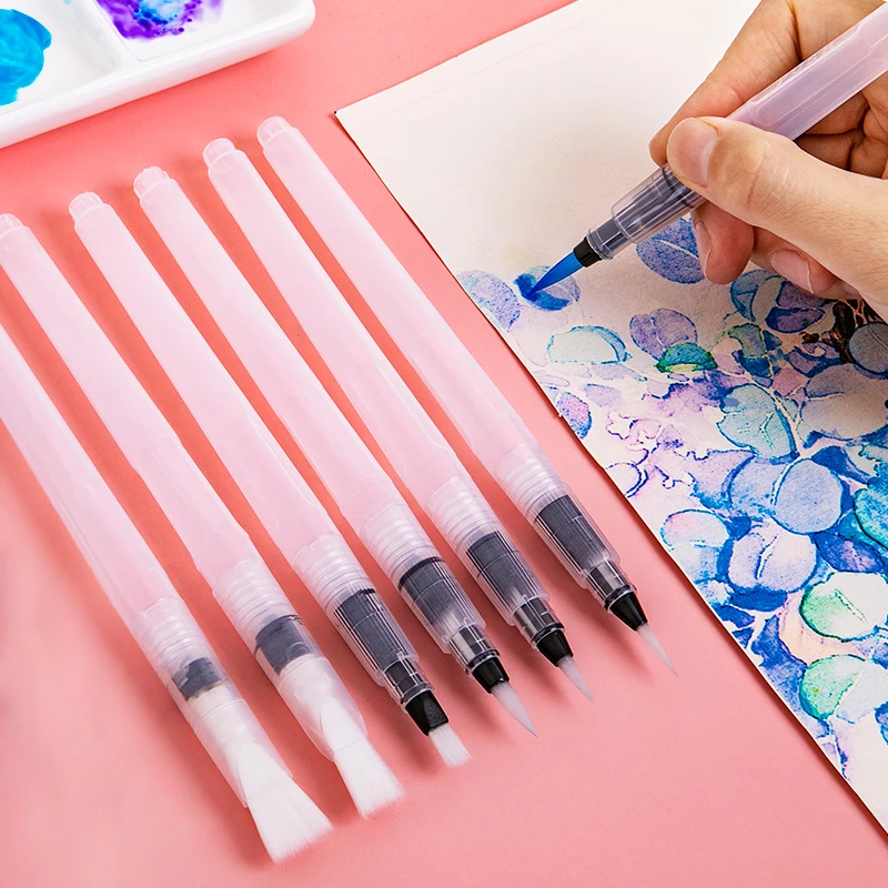 

6Pcs Fine&Flat Refillable Water Color Brush Soft Watercolor Paint Brush Ink Pen For Calligraph Painting Drawing Art Supplies
