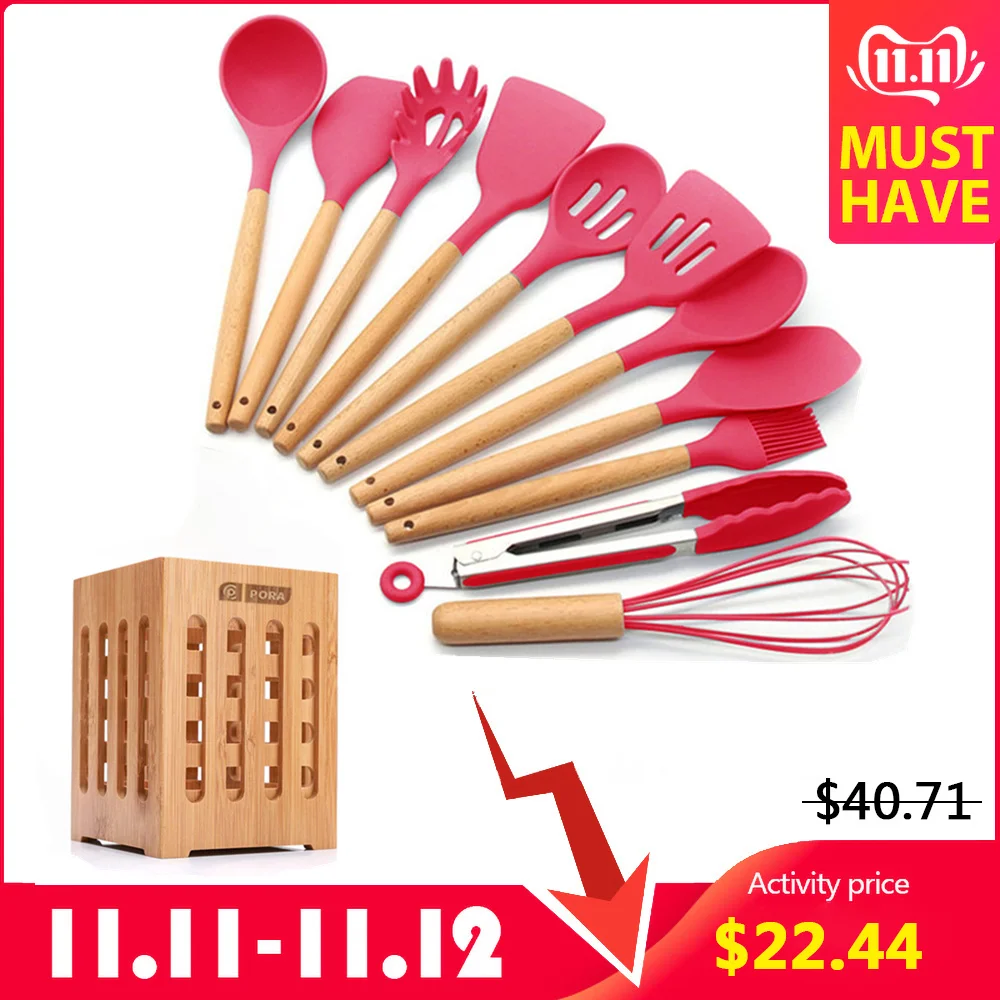 

12PCS Kitchen Set- Kitchen Utensil Set Silicone Cooking Utensils Wooden Spoons Spatula NonStick Kitchen Tools Kitchenware Holder
